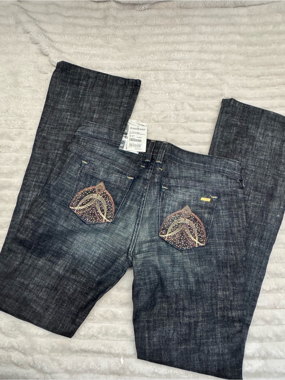 bebe Dark Blue Bootcut Jeans with Embellished Back Pockets